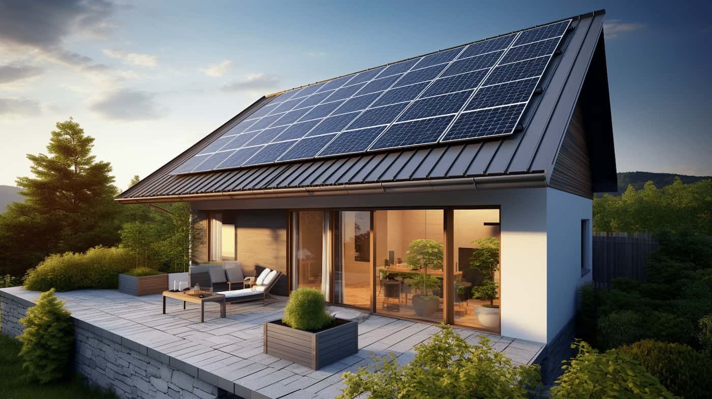 Nowoczesny dom jednorodzinny z panelami fotowoltaicznymi na dachu
