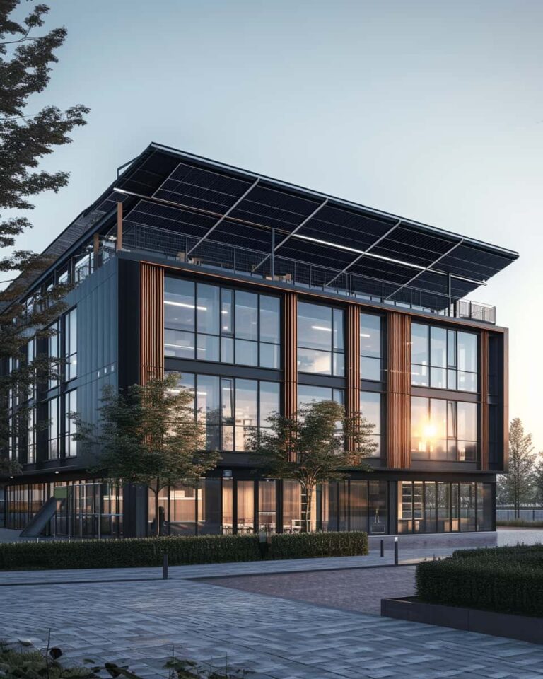 Nowoczesny budynek biurowy z fotowoltaiką na dachu