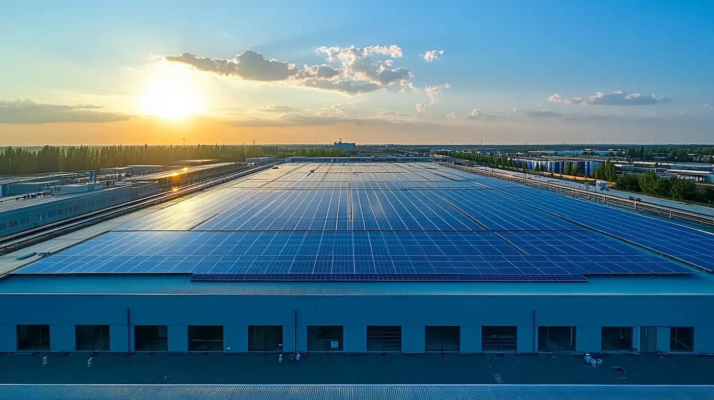 Panele fotowoltaiczne na dachu magazynu