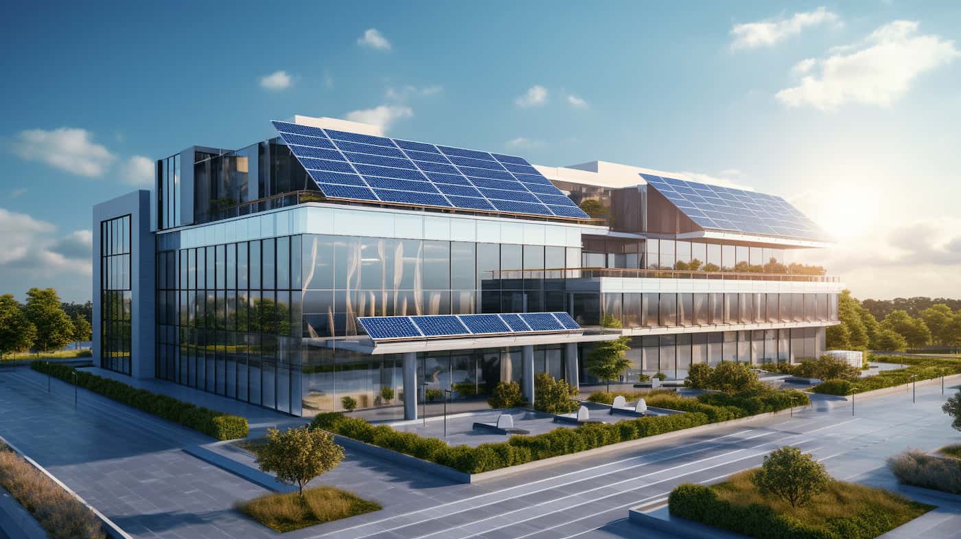 Panele fotowoltaiczne na dachu budynku firmy