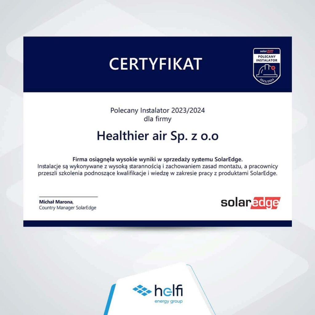 Certyfikat Polecanego Instalatora dla Healthier air Sp. z o.o