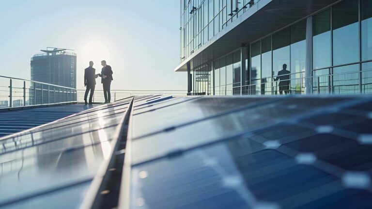 Dwóch mężczyzn na tarasie nowoczesnego budynku biurowego