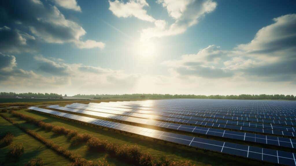 Farma fotowoltaiczna na zielonym polu z niebem w tle