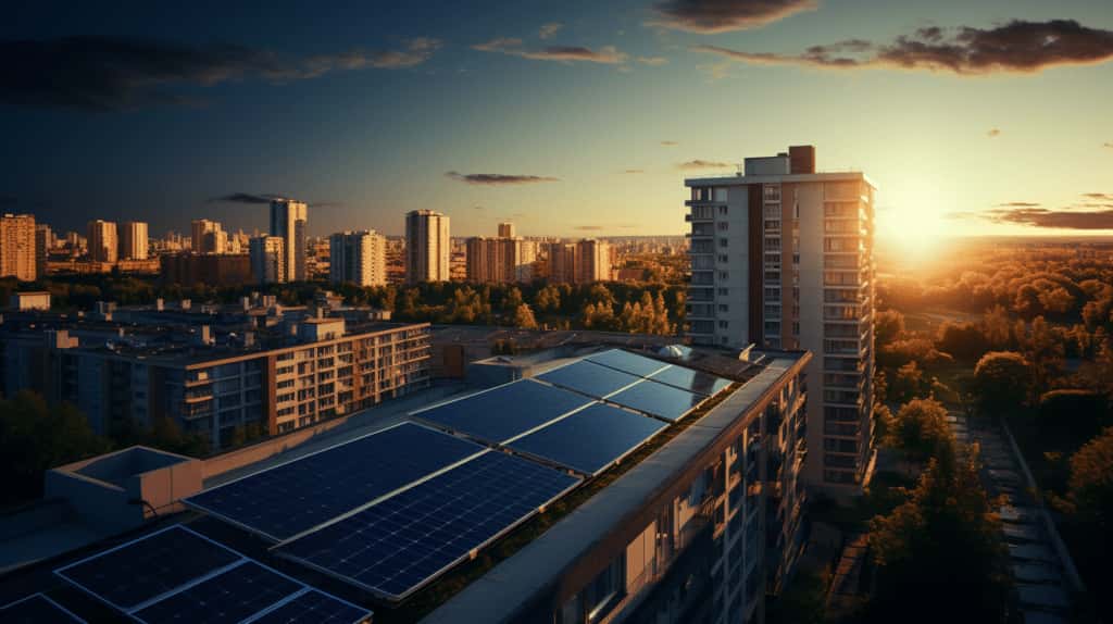 Widok na budynek z panelami fotowoltaicznymi i miasto
