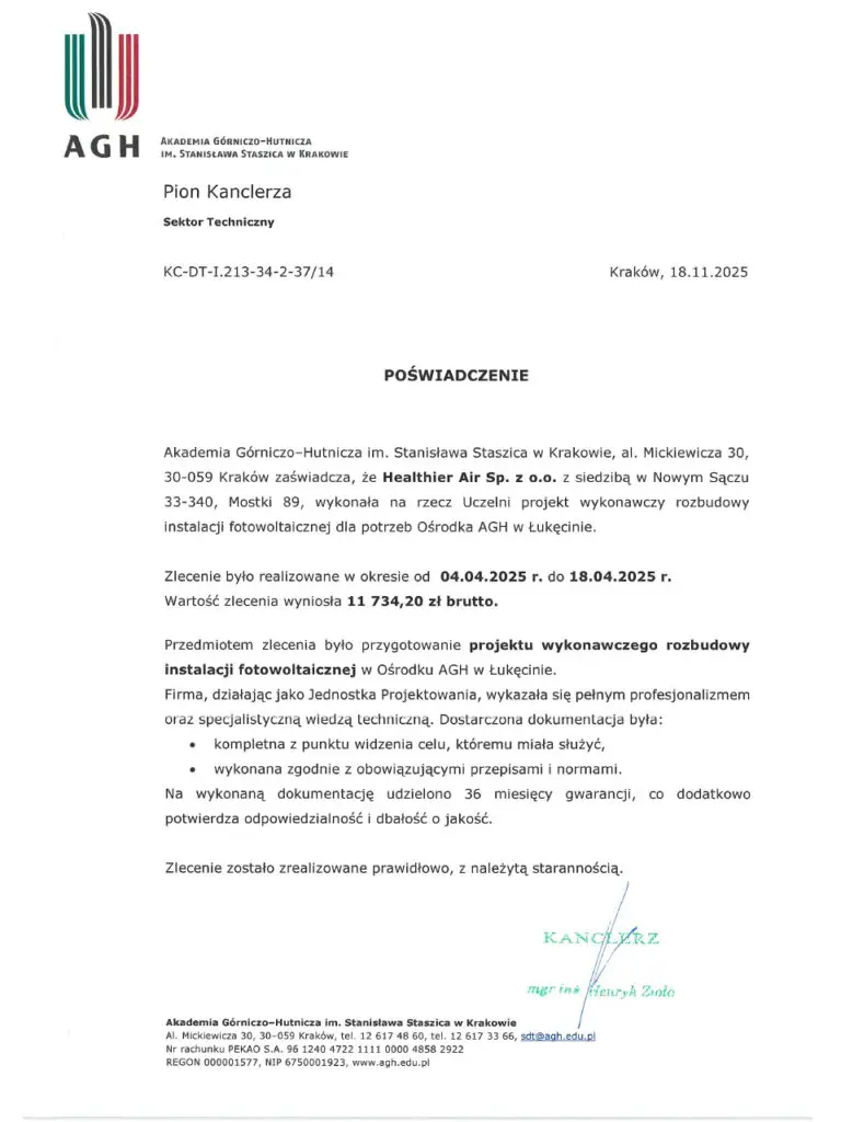 Poświadczenie AGH w Łukęcinie